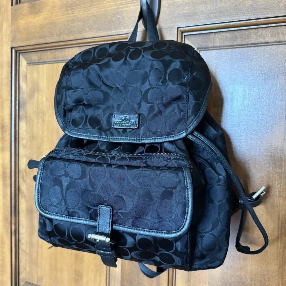 Vintage 90s Coach Signature Nylon Backpack Black Silver With Dust Bag 32970